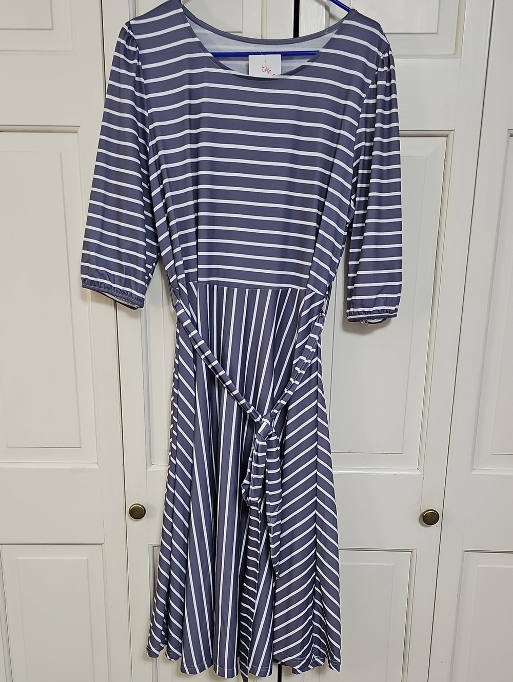 Tie Waist Striped Midi Dress - Grey & White